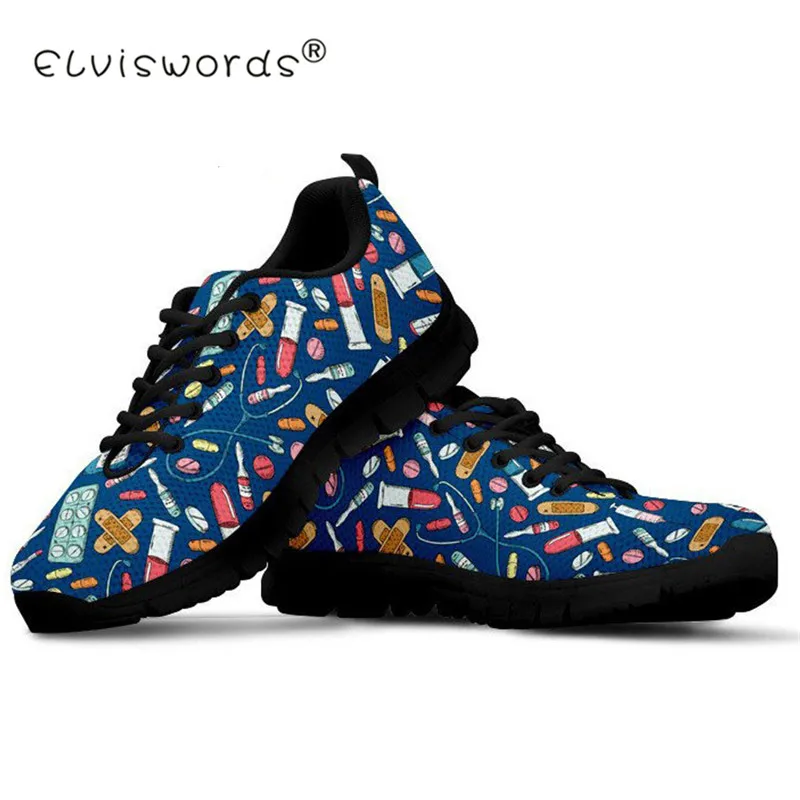 

ELVISWORDS Pharmaceutical Sneakers Prints Women Mesh Flats Black Shoes Plat form Girls Casual Sneakers Female Non-slip Footwears