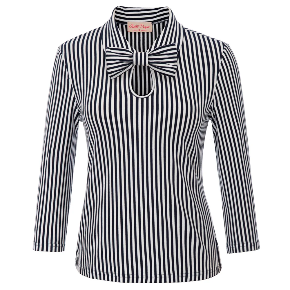 

BP plus size Women shirt Vintage Striped Pattern three quarter Sleeve lapel blouse Bow-knot Decorated work wear Shirt Tops lady