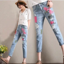 Цветочный Вышивка джинсы женщина Повседневное высокой талии отверстия джинсы Штаны светло-голубые джинсовые узкие брюки женские брюки лето