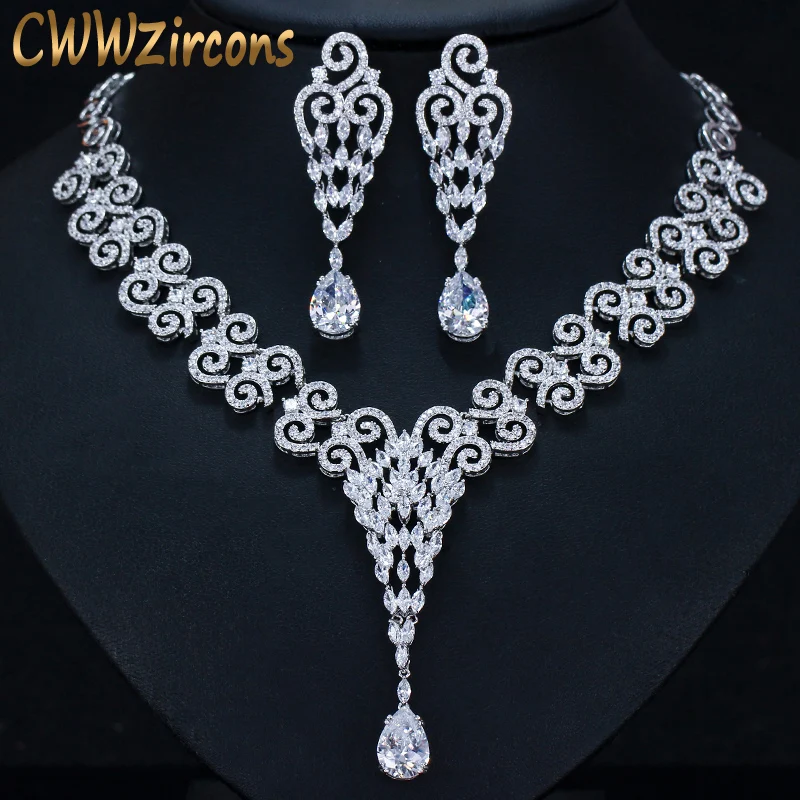 

CWWZircons Long Water Drop Cubic Zirconia Stone Big Vintage Royal Wedding Necklace and Earring Jewelry Set for Brides T205