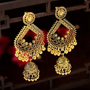 Ethnic Women Big Gold Dangle Earrings Jhumka Indian Earrings Vintage Drop Earring Lantern Tassel Palace Orecchini Donna HXE095