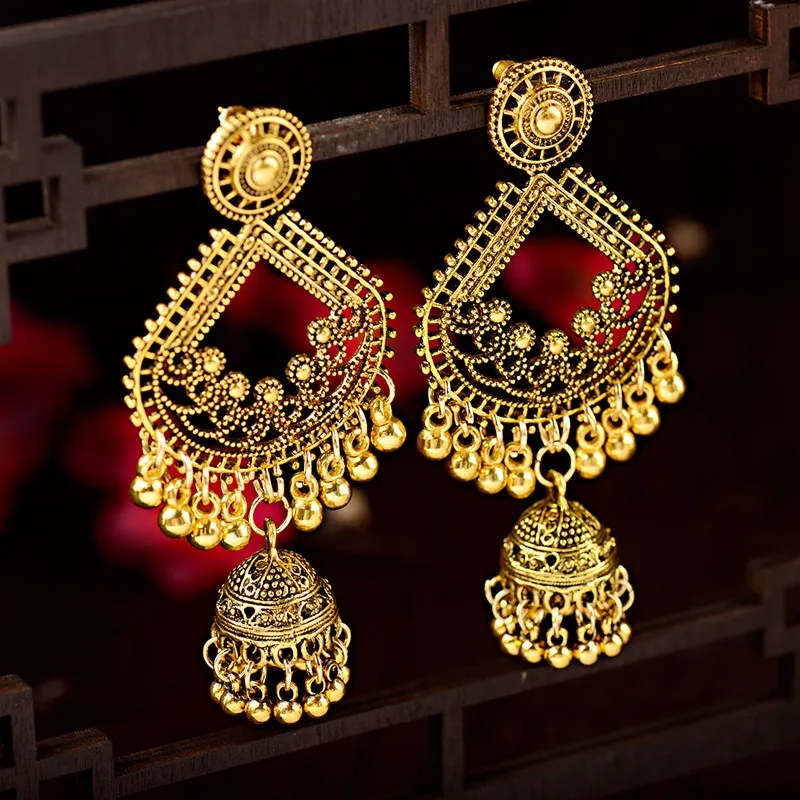 Этнические женские большие золотые серьги подвески Jhumka индийские Винтажные с