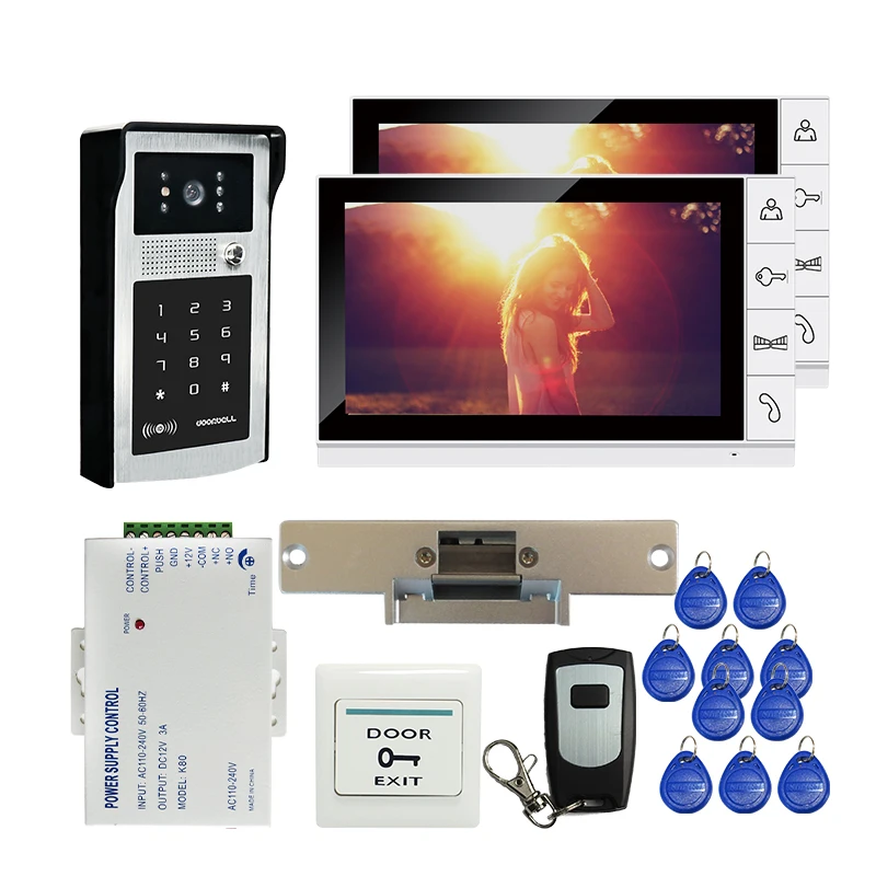 FREE SHIPPING 9\ Record Video Intercom Door Phone 2 LCD Kit + Outdoor RFID Code Keypad Doorbell Camera + Electric Strike Lock