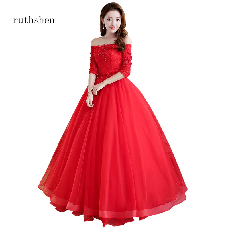 

ruthshen Vestidos Debutantes 2018 New Quinceanera Dresses Red Ball Gowns Off The Shoulder Prom Dress Half Sleeves Vestidos Para