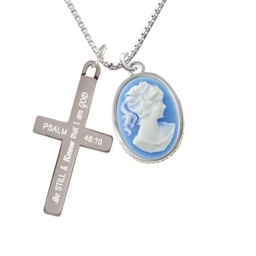 Small Blue Oval Cameo - Be Still and Know - Cross Necklace (1)