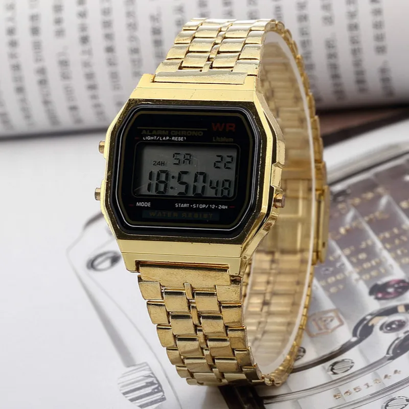 Спортивные часы для мужчин и женщин светодиодный цифровой наручные часы relogio masculino для мужчин мальчик таймер сплав Золото Серебро F91W - Цвет: Gold with black dial
