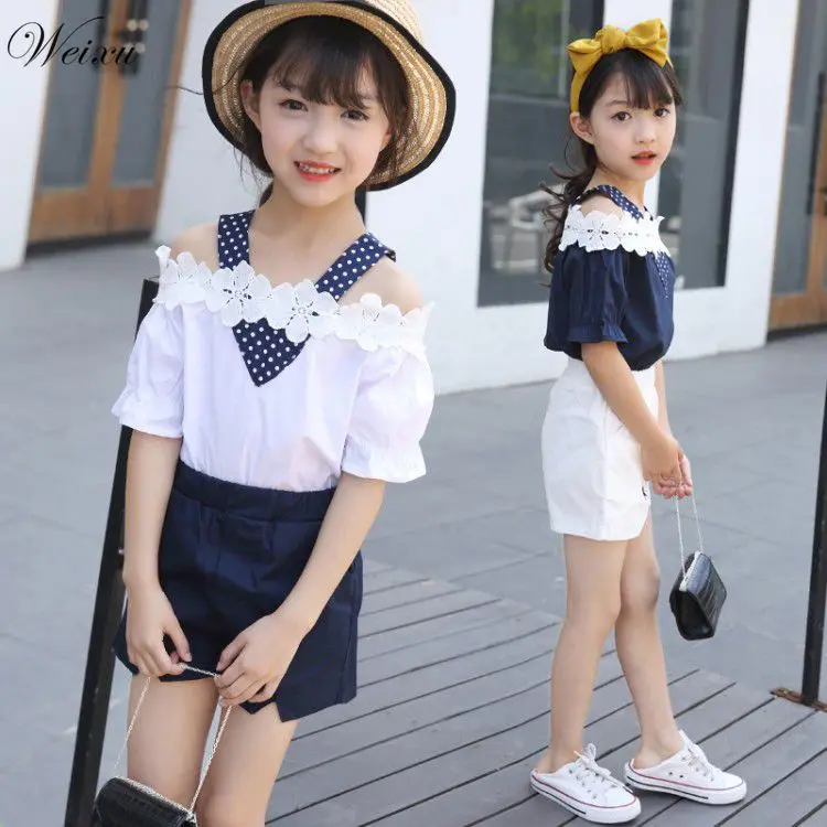 

Weixu 3-14 Years Old Baby Girls Summer Clothing Sets Kids Off-shoulder Lace Tops Tees +Shorts 2Pcs Suit Children Outfits Clothes