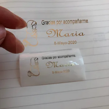 

Personalized Girl 1st Holy First communion rectangular transparent stickers Confirmation Baptism Present candle jar bottle label