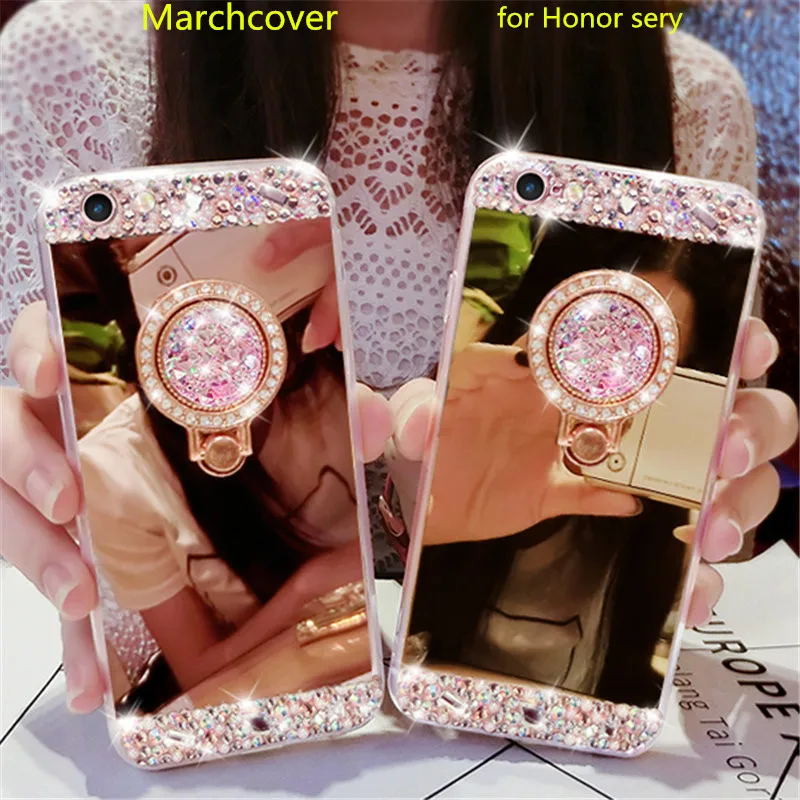 

Custom for Honor 20 10 9 8 Lite V20 V10 V9 V8 8X 8C 7X 6X 5X Glitter Diamond Mirror case Bling Ring Stand cover fundas