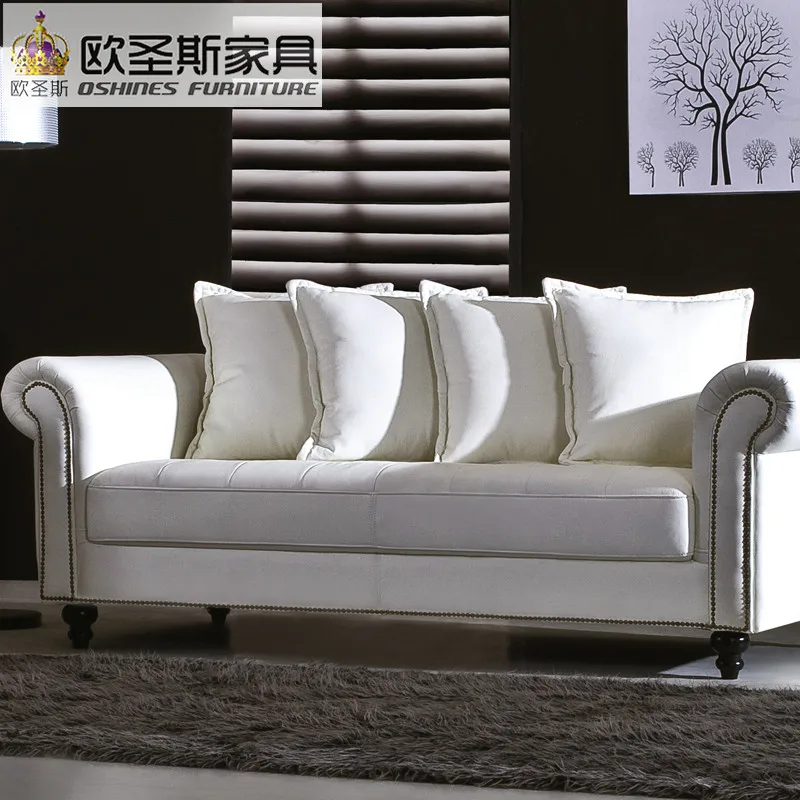 luxury classical american style pure white 8 seater office or home genuine leather sofa with fabric cushions and copper nail W86