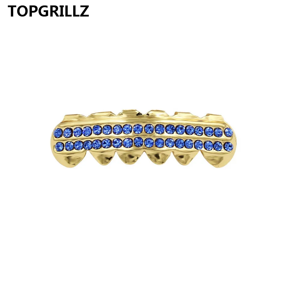 TOPGRILLZ Настоящее розовое золото цвет покрытием ICED OUT CZ зубы GRILLZ крест сверху и снизу зуб шапки Хип Хоп Bling Золотые грили - Окраска металла: Blue Bottom