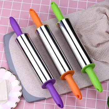 

1PCS Stainless Steel Rolling Pin Pressing Stick Round Handle Plastic Christmas Rolling Pin