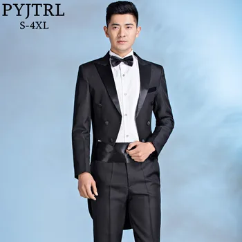 

PYJTRL High Quality Serge 4-Piece Set Tuxedos For Men Classic Black Tail Coat Wedding Piano Performance Costume Homme Luxe Suits