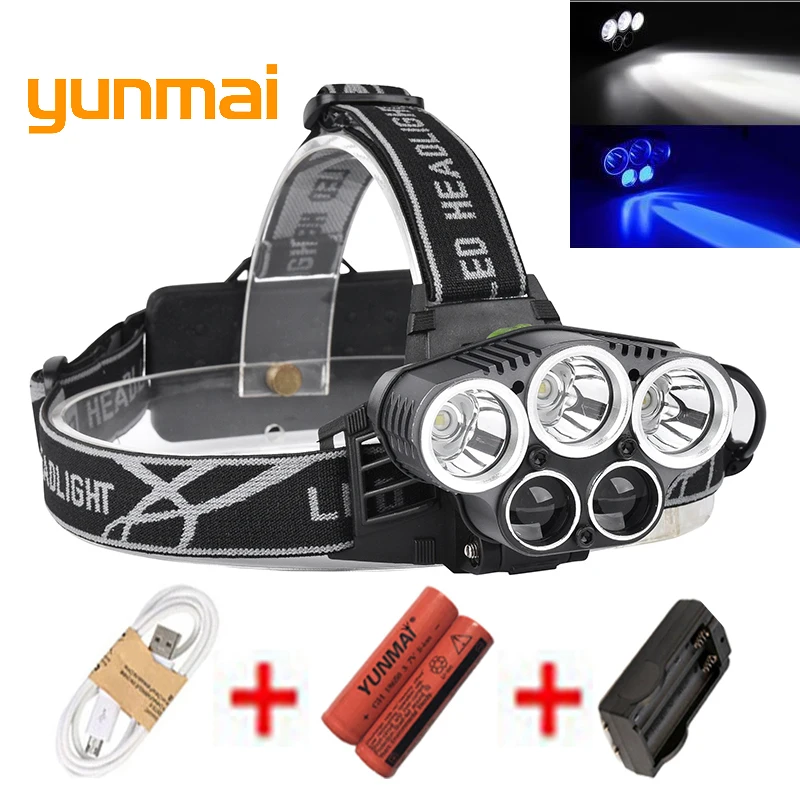 USB 15000LM 5 LEDไฟหน้า3 * Cree XML T6 + 2Q5สีขาว+สีฟ้าแสงไฟหน้าโคมไฟหัวแสงไฟฉายไฟฉายโคมไฟตกปล