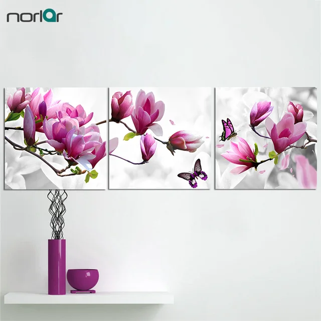3 pieces purple pink magnolia flowers with butterfly painting modern
