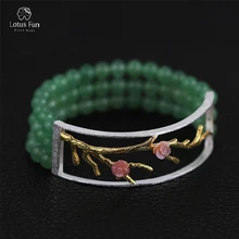 Lotus Fun Настоящее 925 пробы серебряные руки браслет для женщин роскошный натуральный камень авантюрин Бусины цветок браслеты ювелирные украшения