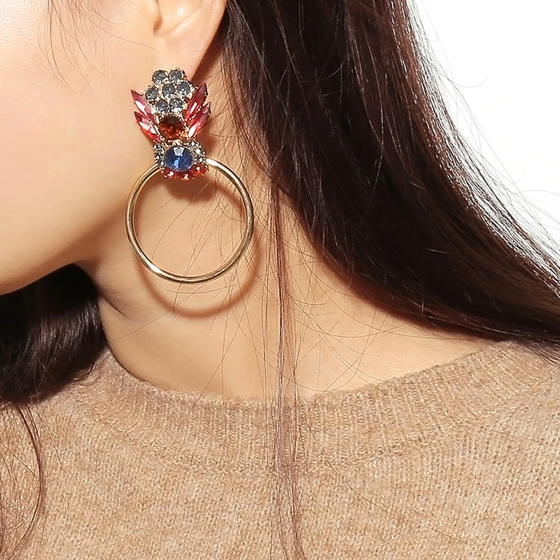 

2019 New Colorful Statement Earrings Circle Rhinestone Earrings for Women Fashion Big Dangle Earrings Drop Large Ear Jewelry