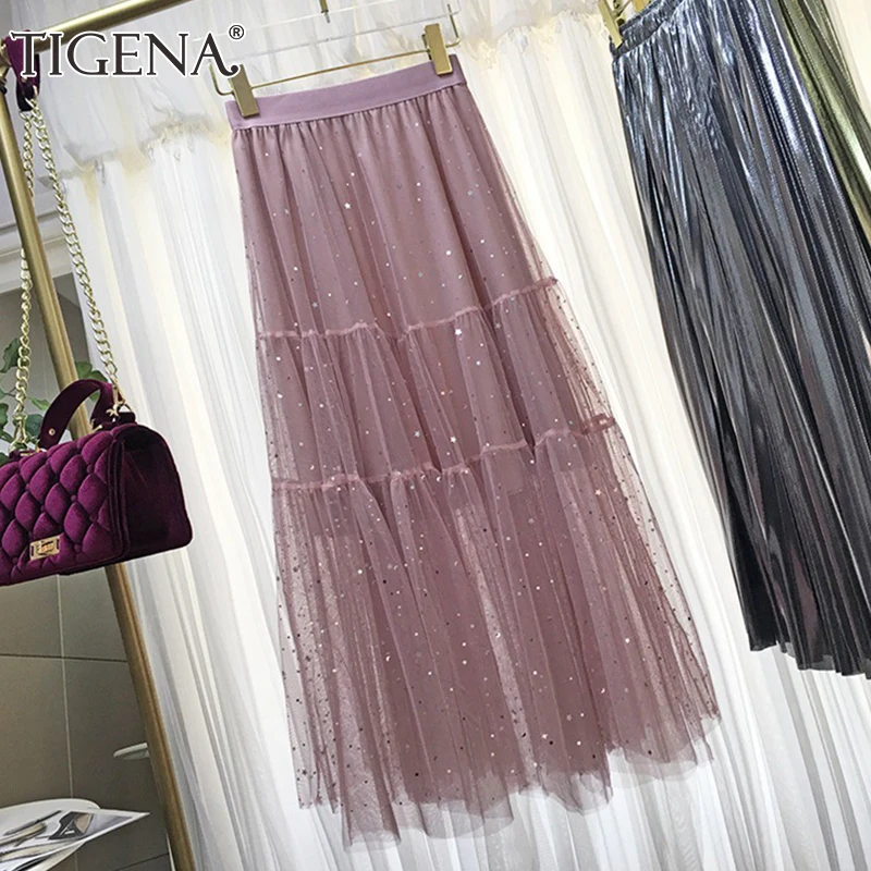 TIGENA Fashion Sequined Tulle Skirts Women 2019 Spring Summer Black Pink Long Maxi Skirt Female Korean High Waist Pleated | Женская