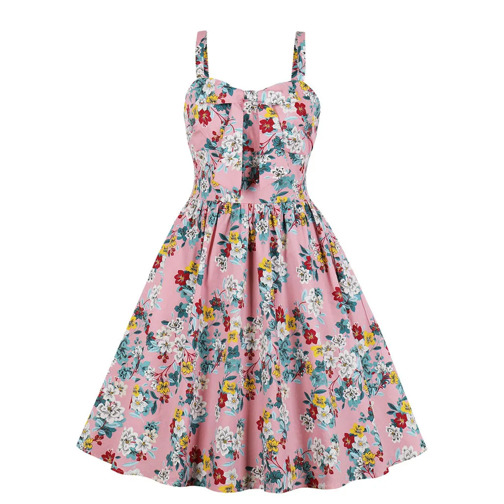 

Floral Print Vintage Women's Dress Round Dhals Sleeveless A -lined Belt Dress 50 S Rockabilly Sharpen Party Dress Plus Size
