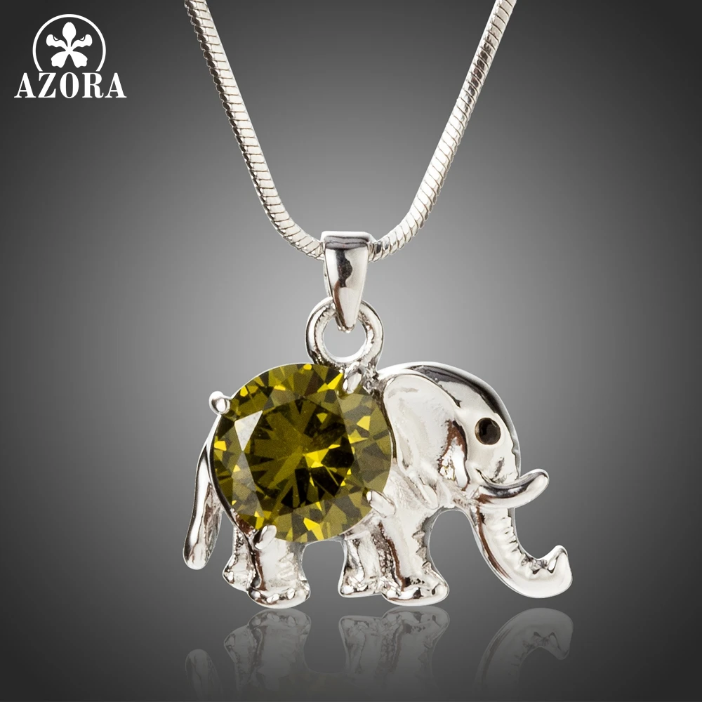 

AZORA New Trendy Big Round Cut Olive Cubic Zirconia Cute Elephant Pendant Necklace for Women White Gold Color Jewelry TN0236