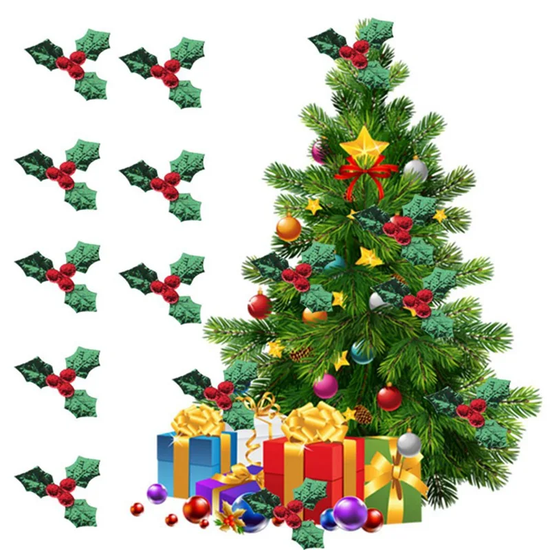 200pcs/lot Red Fruit With Green Leaves Christmas Tree Decoration