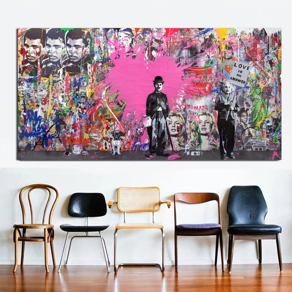 

Large Printed Street Art Pink Einstein Love Is An Answer Art Prints poster with vivid color for bedroom decor