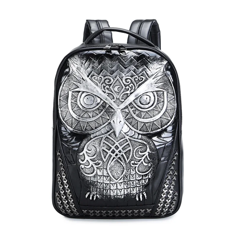 

3D Emboss Owl Head Rivet Gother Backpack For Men & Women High Quality PU Leather Travel Backpacks Laptop Teenager School Bag