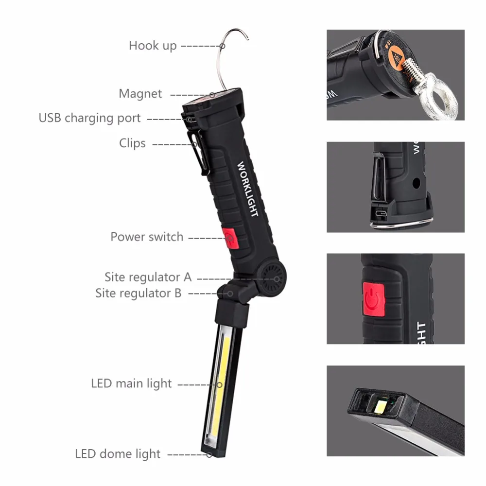 5 режимов автомобильный портативный светодиодный светильник-вспышка Магнитный Перезаряжаемый USB фонарь COB рабочий светильник подвесной крючок Lanterna для наружного кемпинга