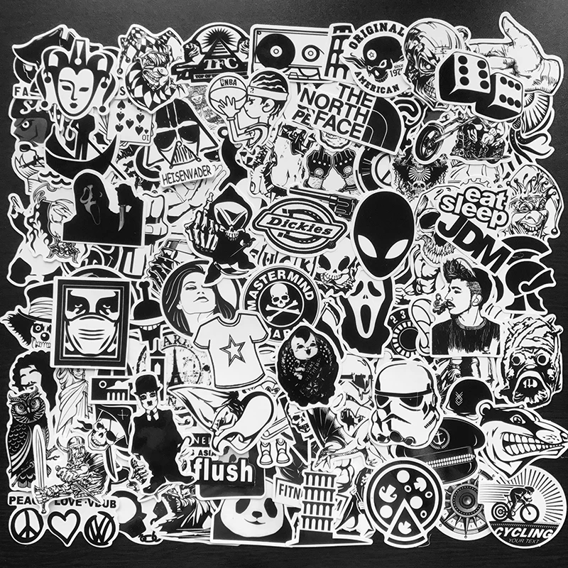 AQK 120 قطعة بارد أسود أبيض دراجة نارية ملصقات على الجدران قنبلة الشارات ملصقا حزمة DIY لوح التزلج المحمول الأمتعة الدراجة الغيتار سيارة