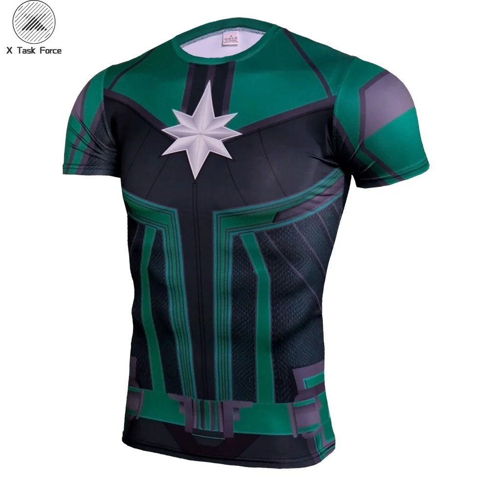 

2019 New Carol Danvers movie Captain Marvel 3D Printed T-shirts Men Short sleeve compression Fitness Clothing Male Tops