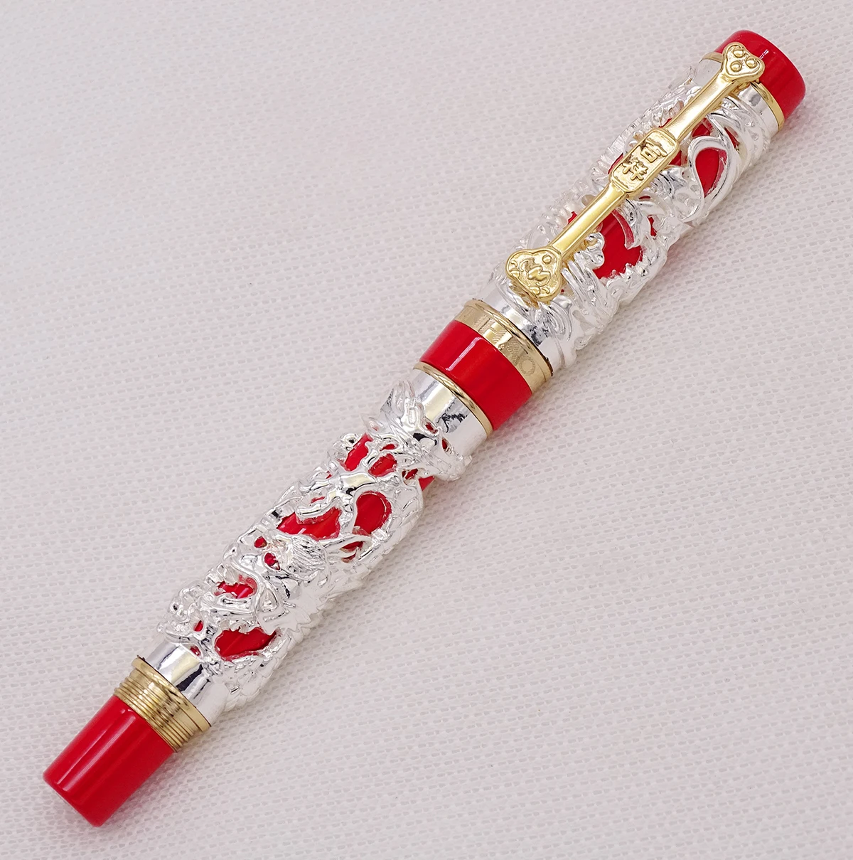 Jinhao Dragon Phoenix винтажная роскошная ручка для каллиграфии перьевая ручка изогнутое перо полностью Металлическая серебряная и красная резьба для художественного офиса подарок
