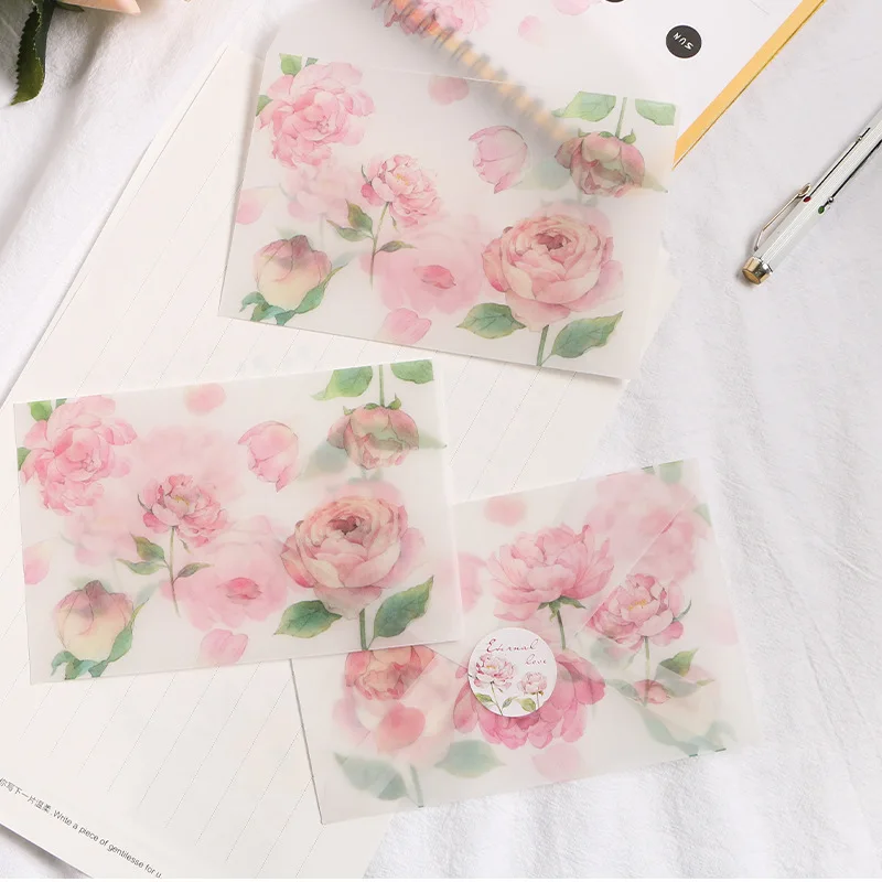 

10*15cm 3pcs pink peony design envelop as postcard message card invitation envelop transparent with seal sticker