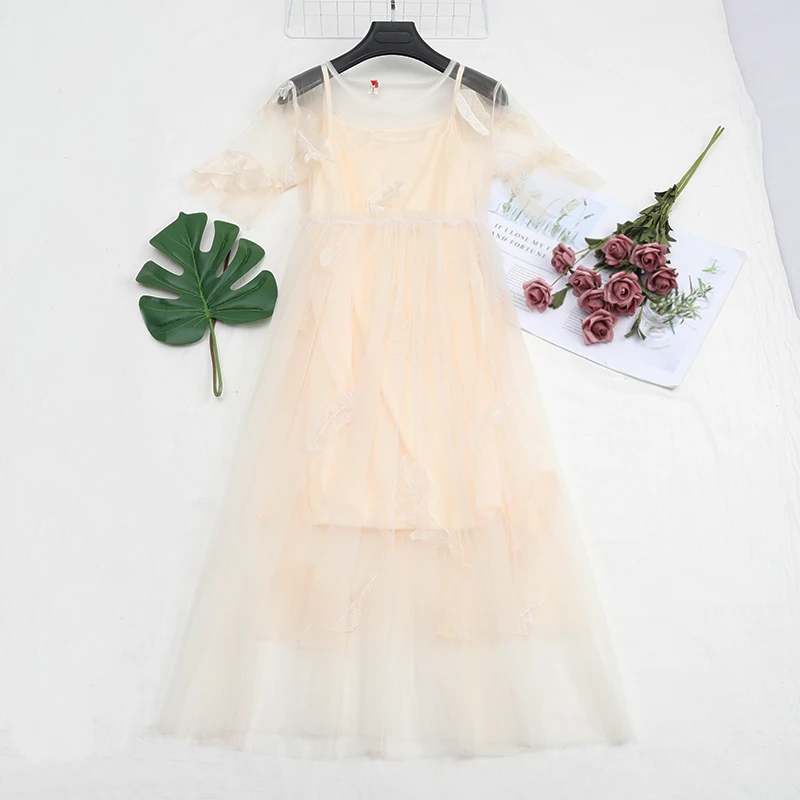 

Women Summer Short Flare Sleeve Embroidery Feather Tulle Pleated Dress Casual Elastic Mesh Gauze Voile Slim Ruffles Midi Dresses