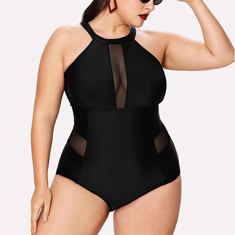 

Women Black Plus Size One piece Swimsuit 2019 Female Mesh Swim One-piece Bathing Suit Monokini Fused 1 Large Swimwear Bather May