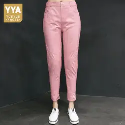 2019 г. розовые кожаные штаны Для женщин взлетно-посадочной полосы тонкий облегающие зауженные брюки этап Офисные женские туфли брюки из