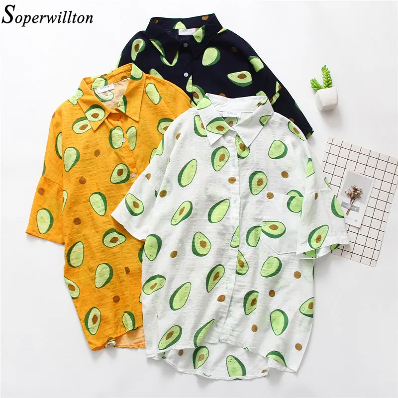 

Cotton Shirt White Blouse 2019 Summer Blouses Shirts Women Short Sleeve Casual Tops Lady Pocket Blusas Avocado Print Fashion D55
