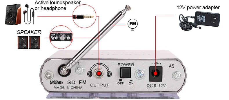 kinter A5 Hifi mini pre amplifier for active speaker or headphone with USB SD FM radio led digital display remote control support DC12V power input silver plastic enclosure  1 (1)