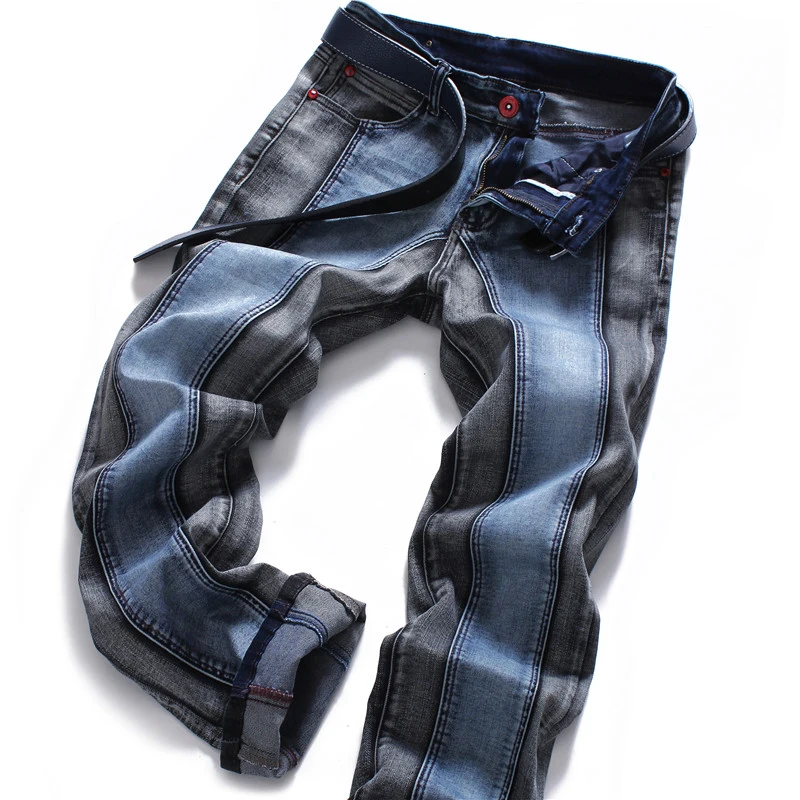 ФОТО Brand Mens Jeans 2017 Blue - Gray Stitching Color Jeans Stretch  Slim Pants Runway Distressed Elastic Biker Jeans Hiphop Pants