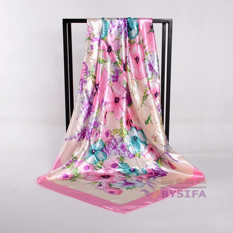 [BYSIFA] Китайский Розовый пион женский атласный шелковый шарф-накидка Темно-Синий элегантный женский шейный платок весенние осенние шарфы