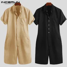 INCERUN, новинка, Мужская однотонная Уличная Повседневная рубашка с отворотом и коротким рукавом, Рабочие комбинезоны, уличные летние мужские комбинезоны