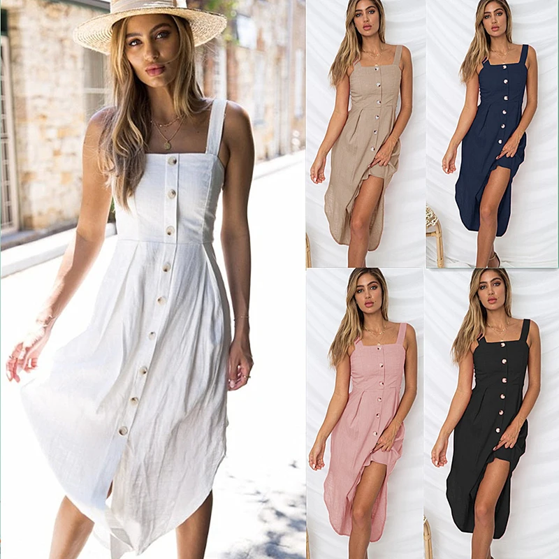 

ZOGAA Summer casual long dress 2019 solid color 1 word collar sleeveless strapless button ruffled suspender women's dress female