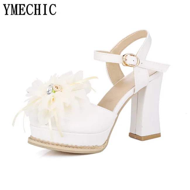 Женские свадебные босоножки YMECHIC белые Розовые на высоком массивном каблуке с