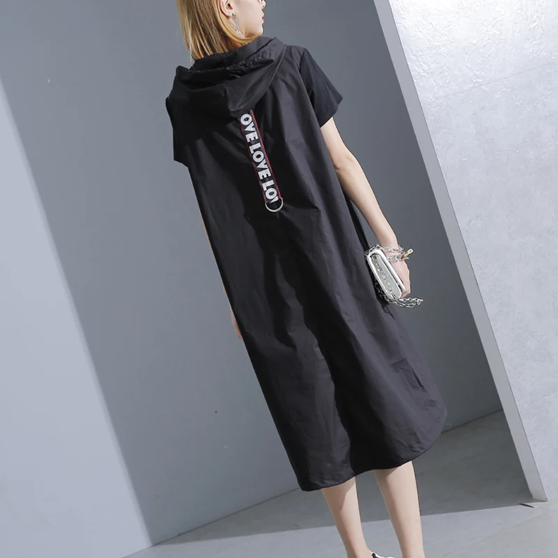 XITAO черное платье миди с капюшоном женское платье с коротким рукавом размера плюс элегантная женская одежда пуловер трапециевидные вечерние платья Новинка KY428