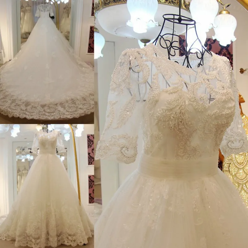 

2016 Latest Fashion Custom Made Glamorous Ball Gown Beads Appliques Half Sleeves Wedding Dresses Bridal Gowns with Long Train