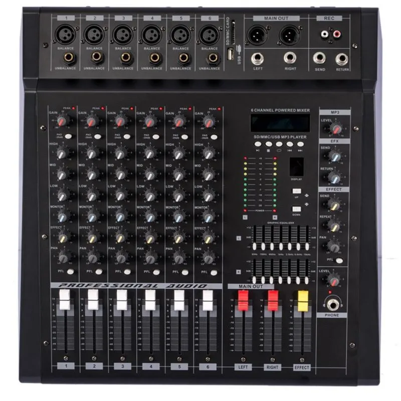 

Good Quality Professional Amplifier Mixer with a USB Player can use Headphones can use connected to Phone can use 6 Microphones