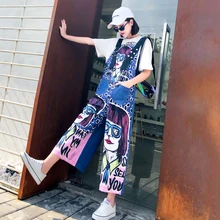 Стильные повседневные джинсы брюки весна женские широкие брюки на тонких бретельках с рисунком граффити свободное до щиколотки джинсовые комбинезоны