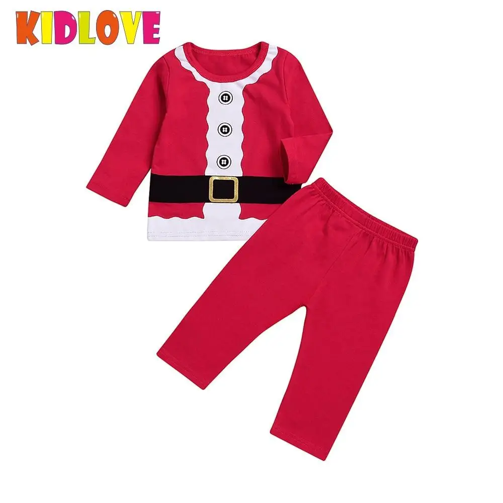 Kidlove 2 шт./компл. детские, для малышей Костюм Санты комплект одежды с поддельными пояса Дизайн топы с длинными рукавами штаны Рождественские