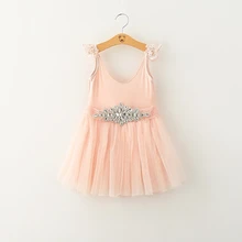 Г. Новые детские платья из фатина с пышными рукавами и кружевом для маленьких детей Летняя одежда с поясом одежда принцессы для девочек розовый цвет, 5 шт./партия