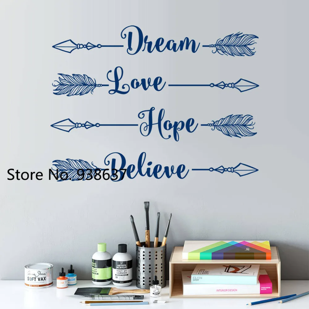 DIY Vinyl Bedroom Decoration Decals Dream Love Hope Believe Arrow Wall
