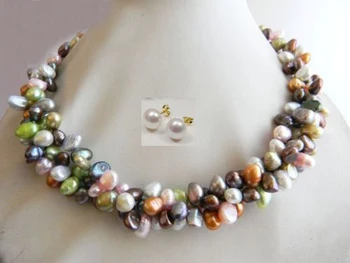 

3Strands 18'' 6MMX9MM Multicolor Baroque Freshwater Pearl Necklace earring